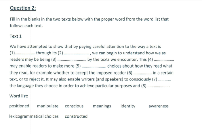 Question 2: Fill in the blanks in the two texts