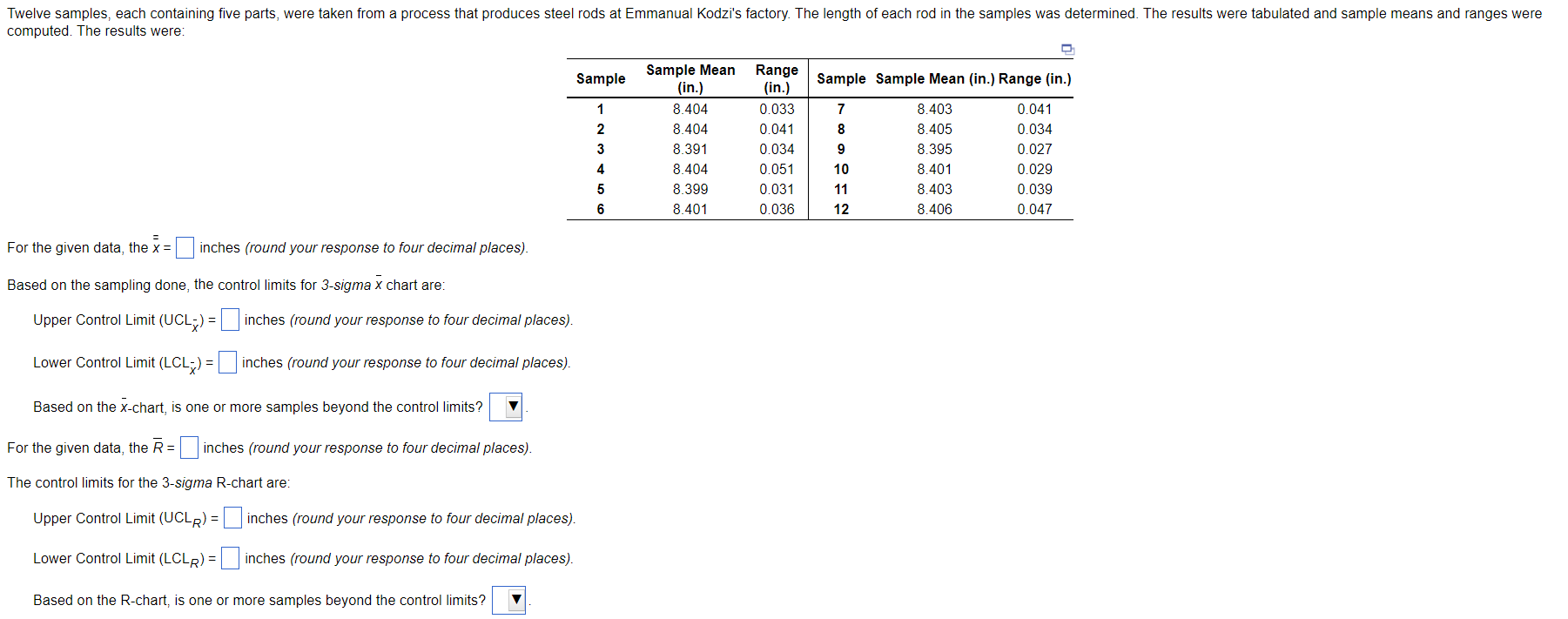 Twelve samples, each containing five parts, were