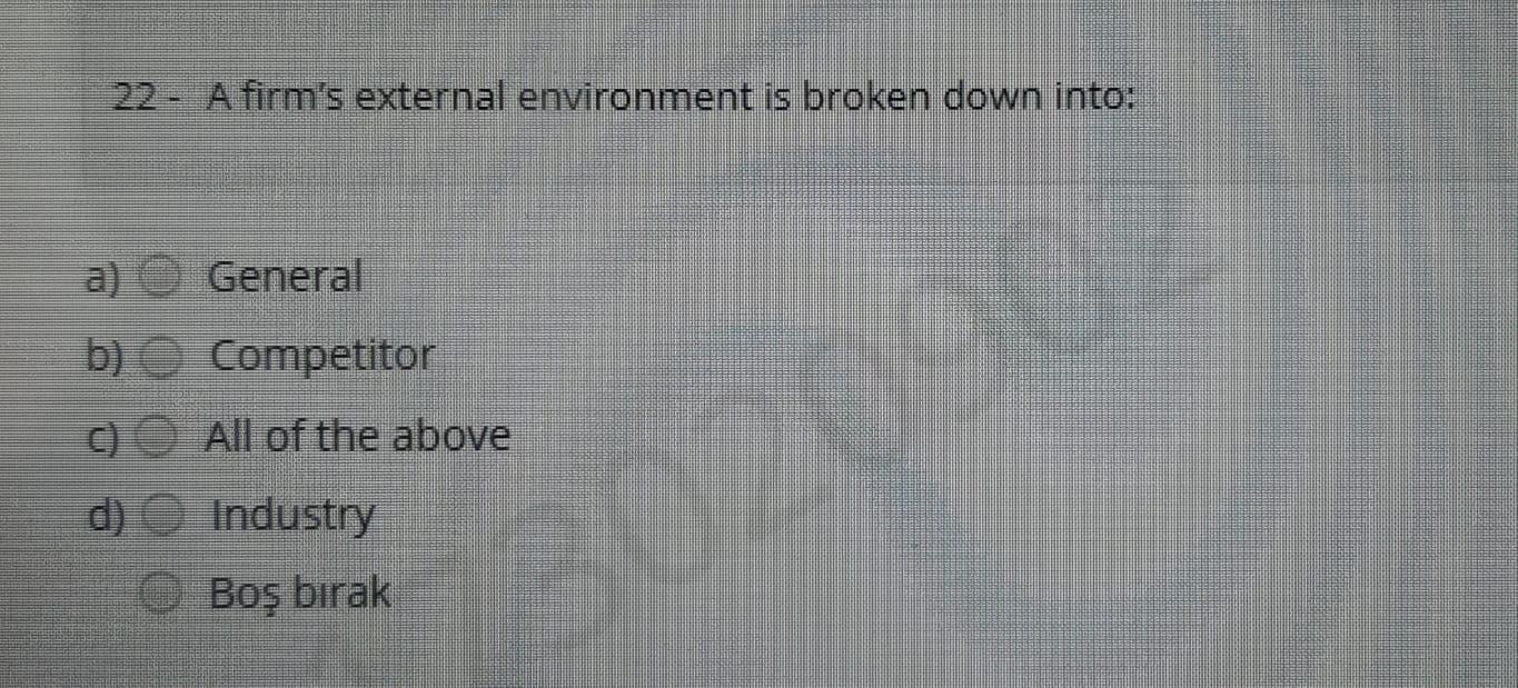 undefined 22 - A firm's external environment is