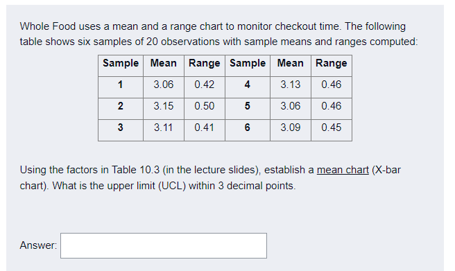 Whole Food uses a mean and a range chart to
