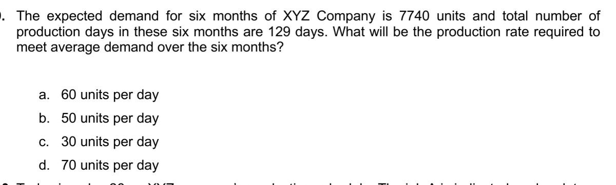 . The expected demand for six months of XYZ