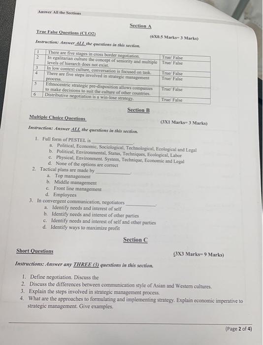 Answer All the Sections Section A True False