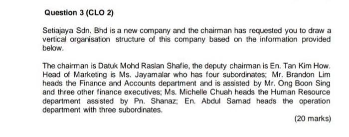 Question 3 (CLO2) Setiajaya Sdn. Bhd is a new