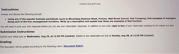 FORUM DESCRIPTION Instructions: Answer and