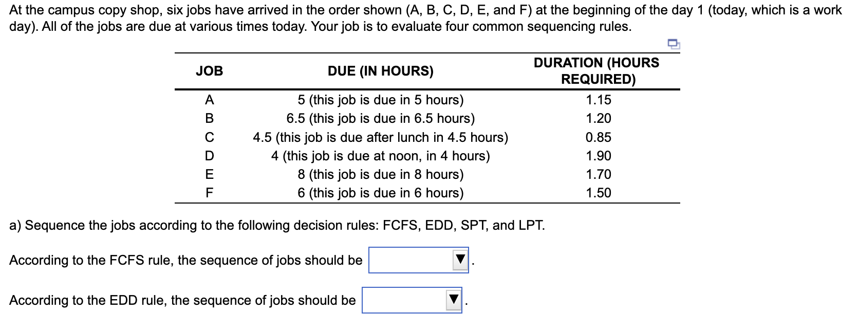 At the campus copy shop, six jobs have arrived in