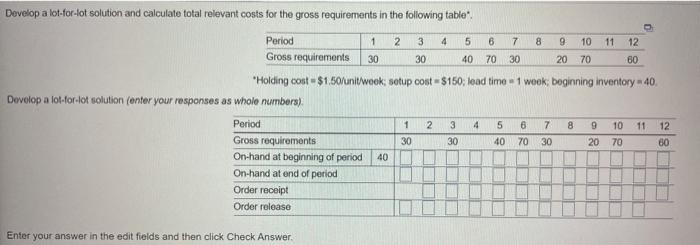 Develop a lot-for-tot solution and calculate