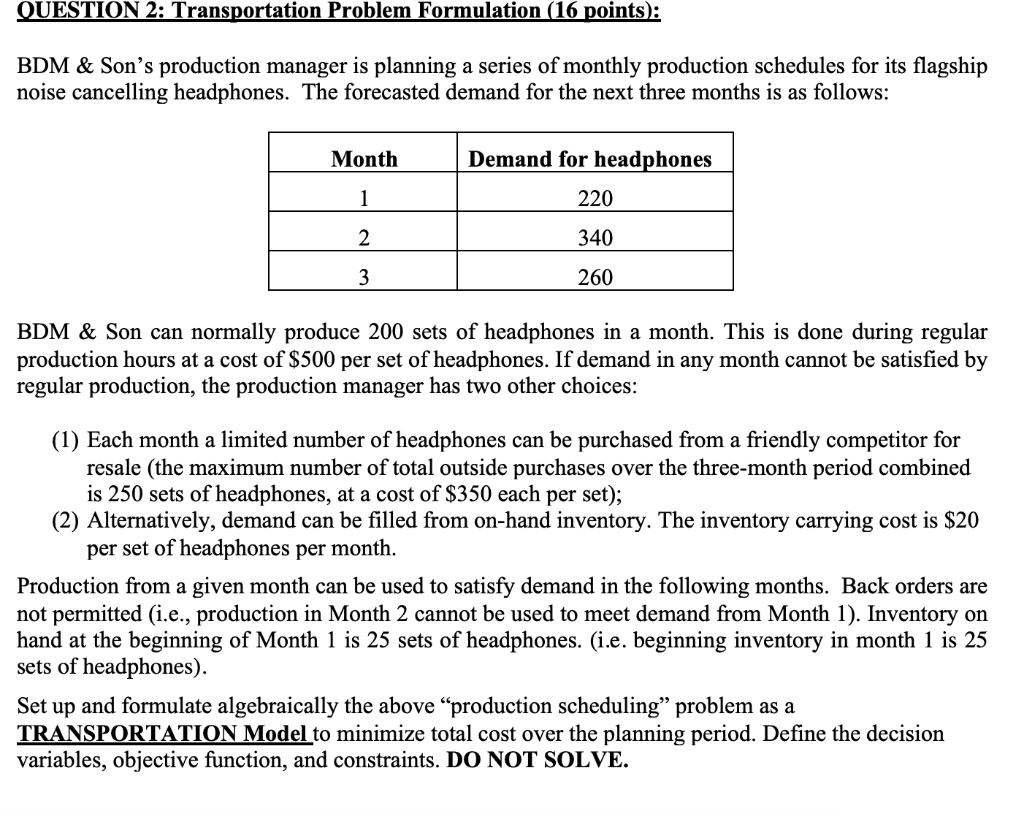 QUESTION 2: Transportation Problem Formulation