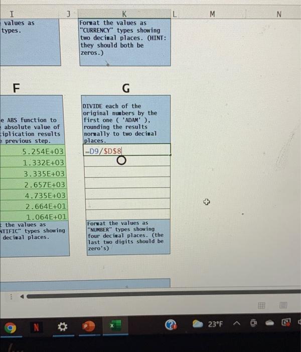 I need help with part G J L M N I values as