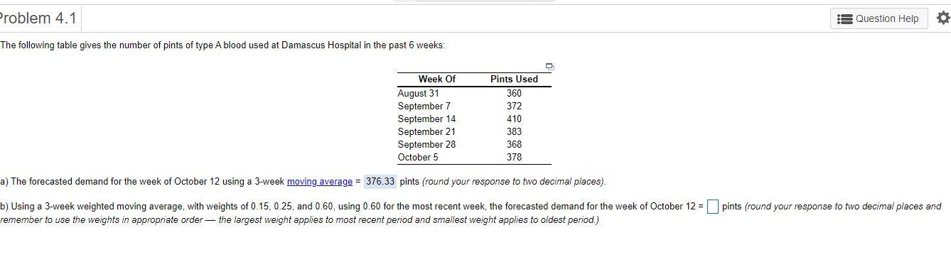 Problem 4.1 Question Help 0 The following table