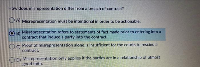 How does misrepresentation differ from a breach