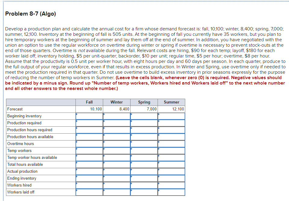 Problem 8-7 (Algo) Develop a production plan and
