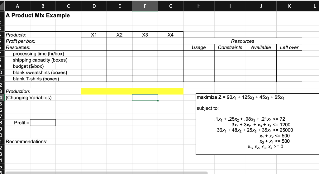 D E F G H I J K L A B A Product Mix Example X1 X2