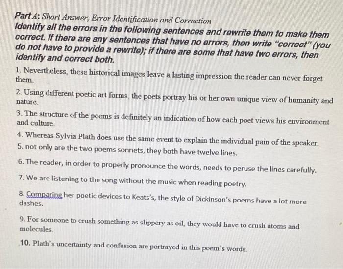 Part 1: Short Answer, Error Identification and