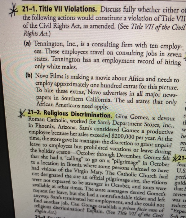 21-1. Title VII Violations. Discuss fully whether