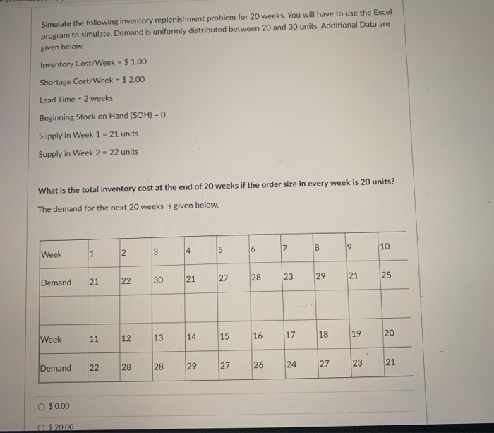 Simulate the following inventory replenishment