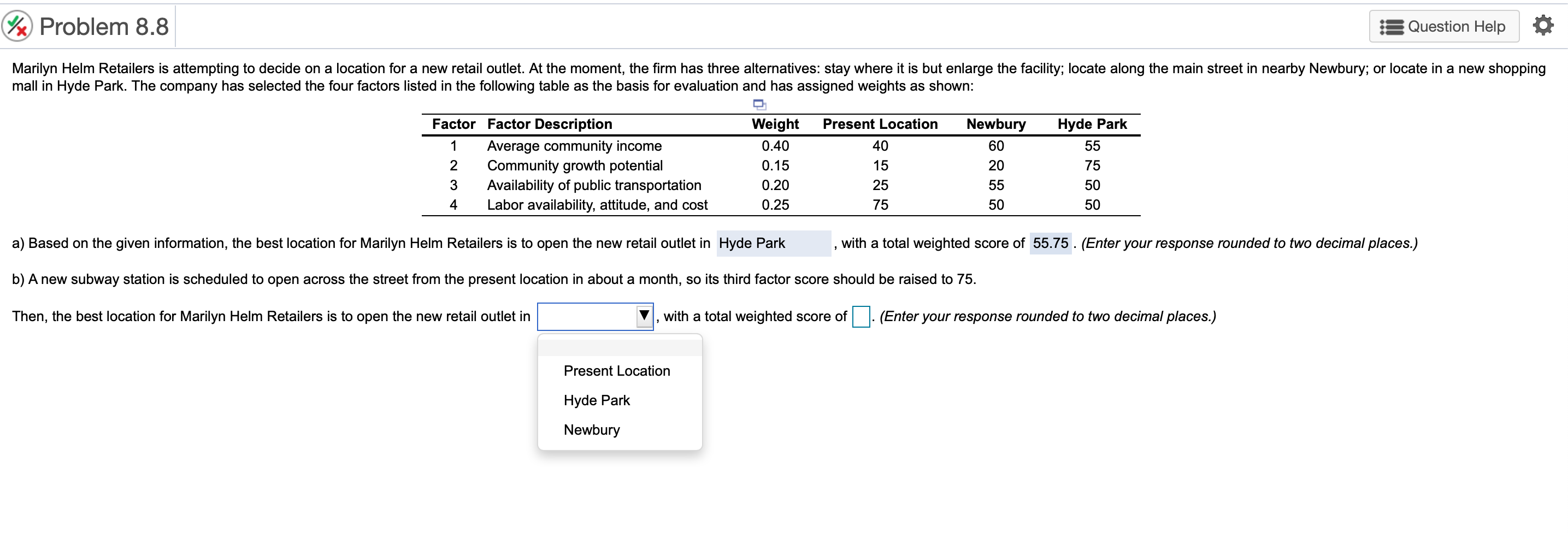 (x) Problem 8.8 Question Help Marilyn Helm
