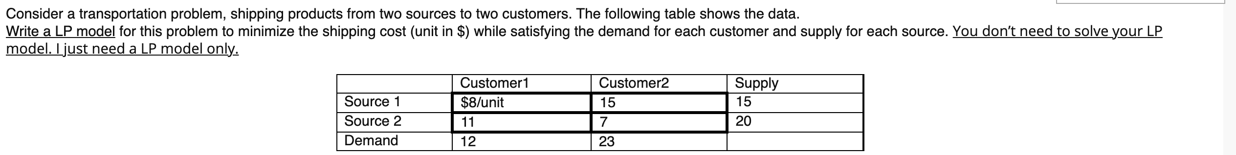 Consider a transportation problem, shipping