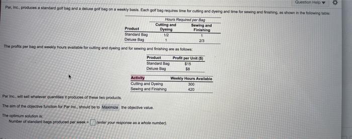 number of stabdard bags produced per week :