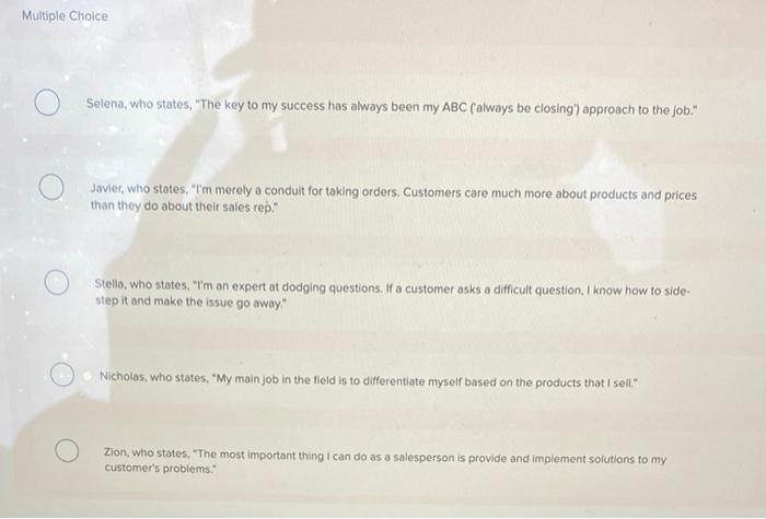 Allegra, a sales manager, is looking at five