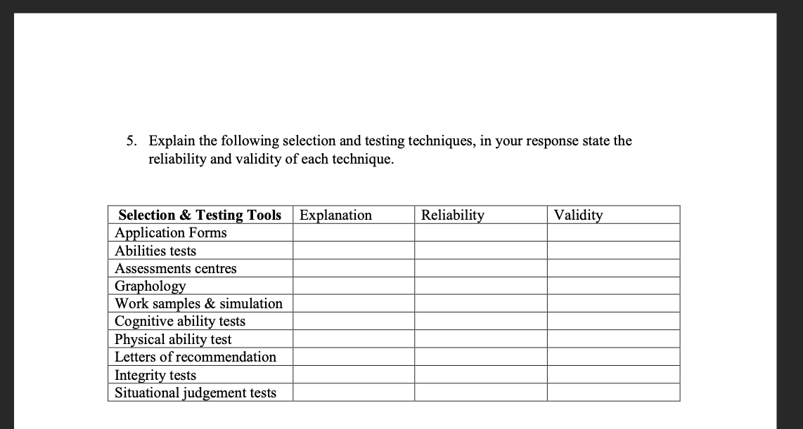 Explain the following selection and testing
