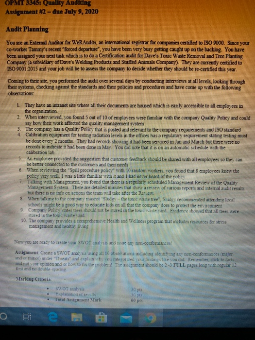 OPMT 3345: Quality Auditing Assignment #2 - due