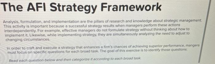 STRATEGIC QUESTIONS ANALYSIS FORMULATION How