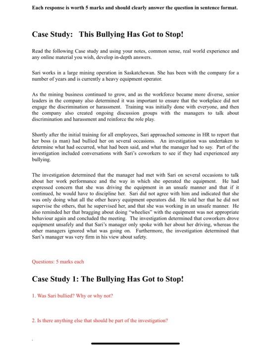 Each response is worth 5 marks and should clearly