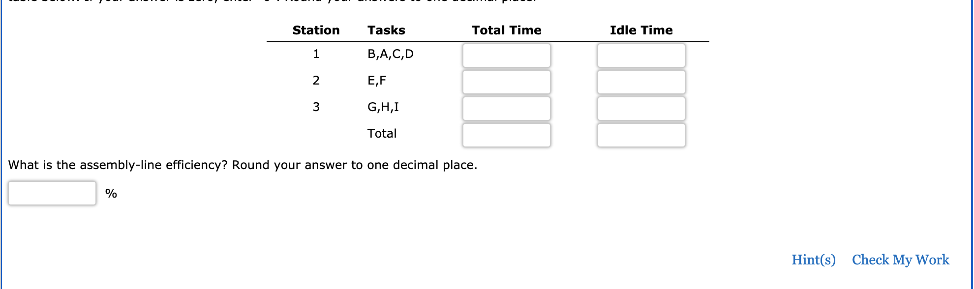 Hint(s) Check My Work A small assembly line for