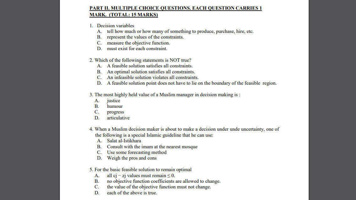 PART II. MULTIPLE CHOICE QUESTIONS. EACH QUESTION
