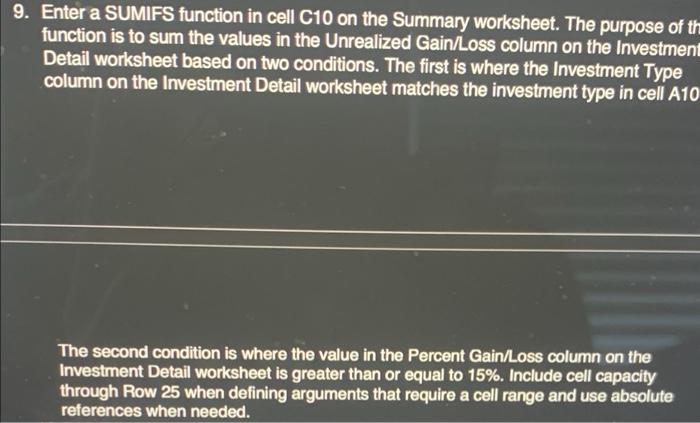 9. Enter a SUMIFS function in cell C10 on the