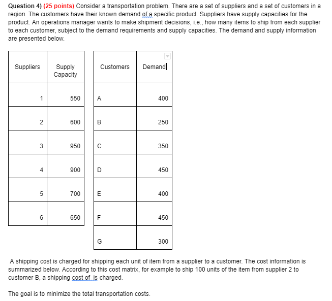 Question 4) (25 points) Consider a transportation