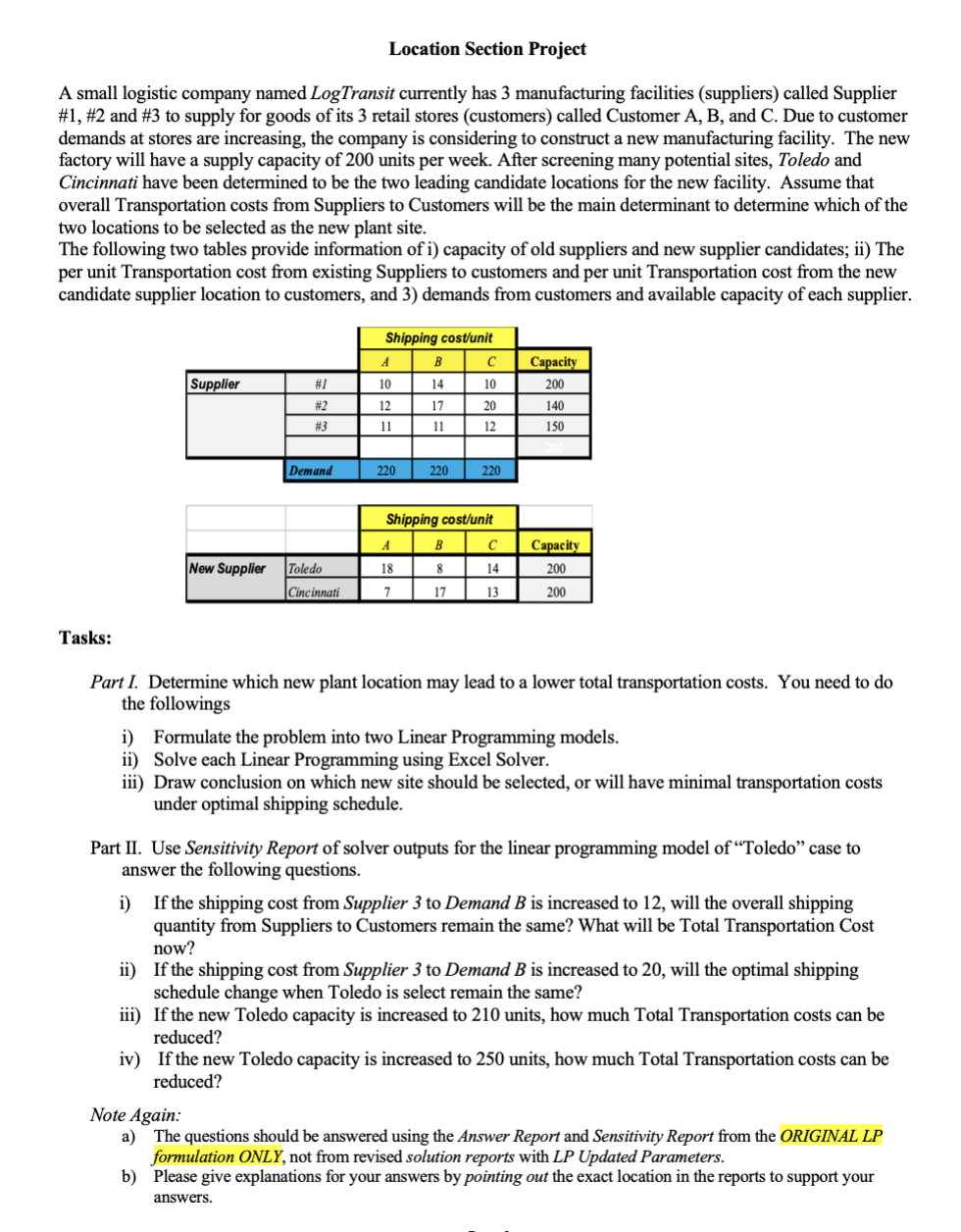 Location Section Project A small logistic company