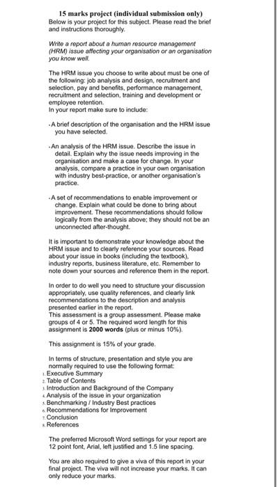 15 marks project (individual submission only)