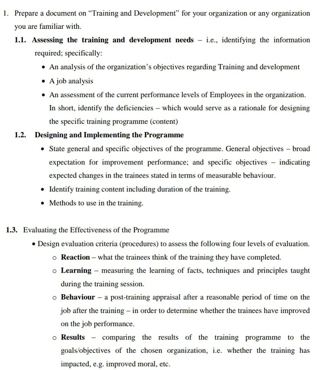 1. Prepare a document on Training and Development