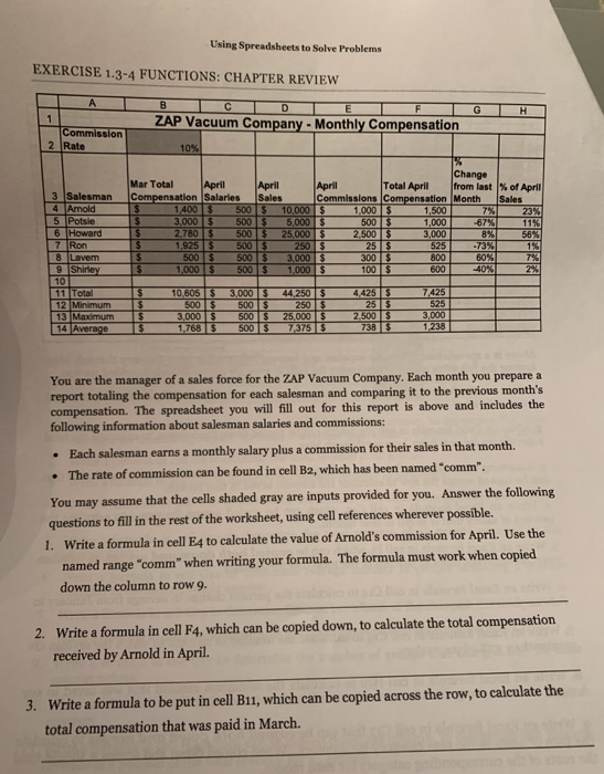 Using Spreadsheets to Solve Problems EXERCISE