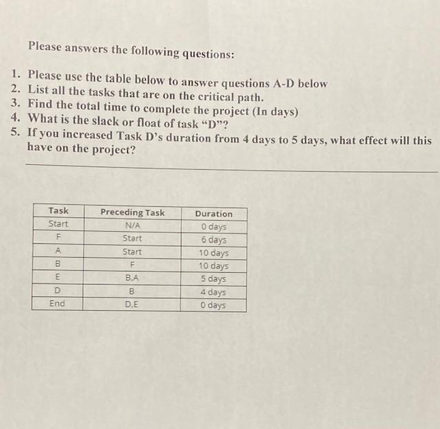 Please answer all questions and list each answer