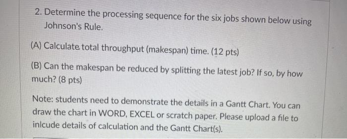 2. Determine the processing sequence for the six