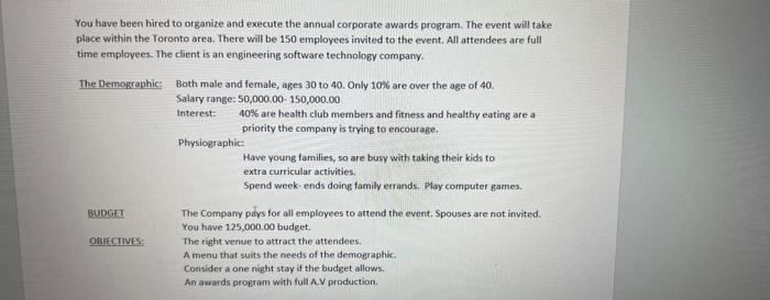 You have been hired to organize and execute the