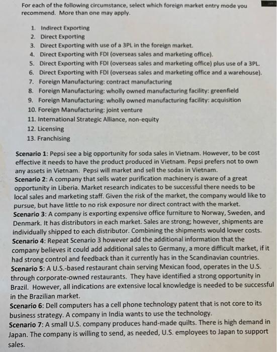 For each of the following circumstance, select