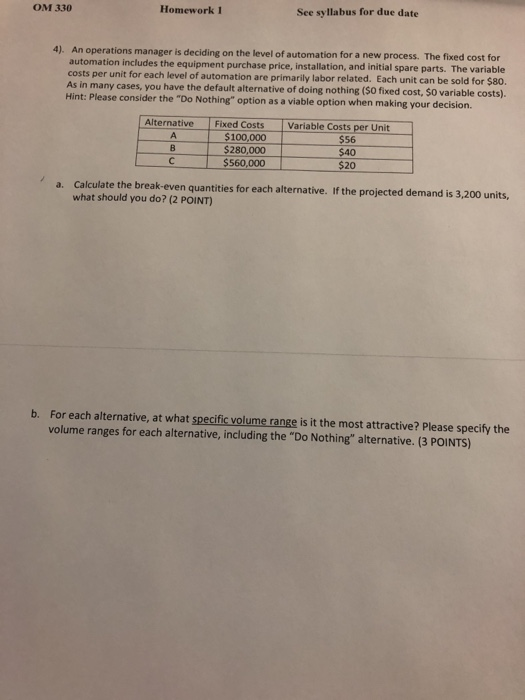 OM 330 Homework 1 See syllabus for due date 4).