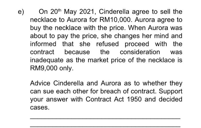 e) On 20th May 2021, Cinderella agree to sell the