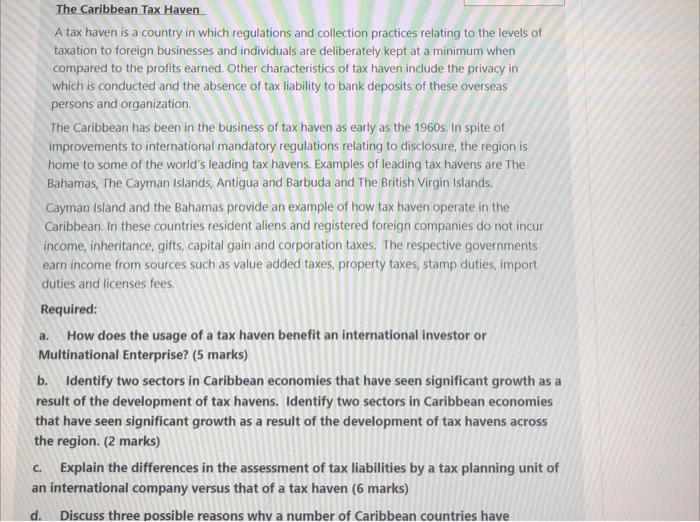 The Caribbean Tax Haven A tax haven is a country