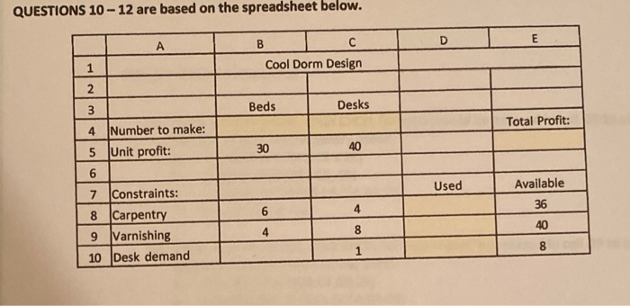 QUESTIONS 10 - 12 are based on the spreadsheet