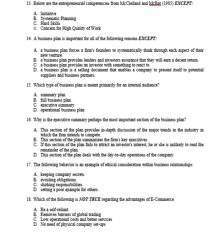 13. Below are the entrepreneurial competencies