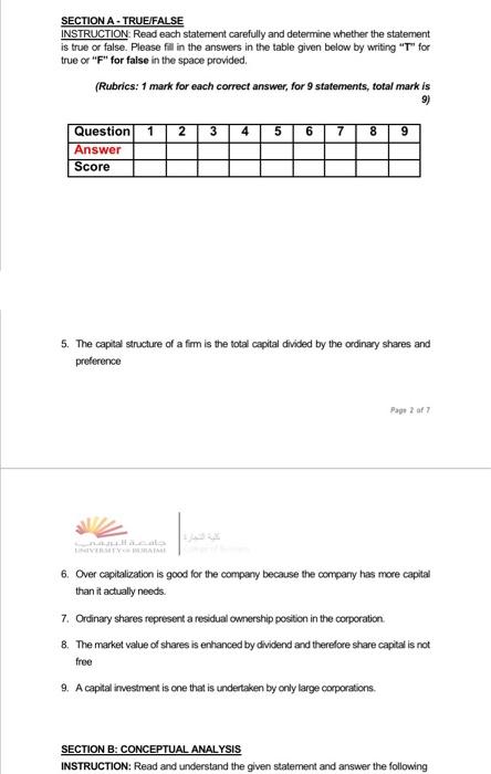 plz solve all SECTION A- TRUE FALSE INSTRUCTION