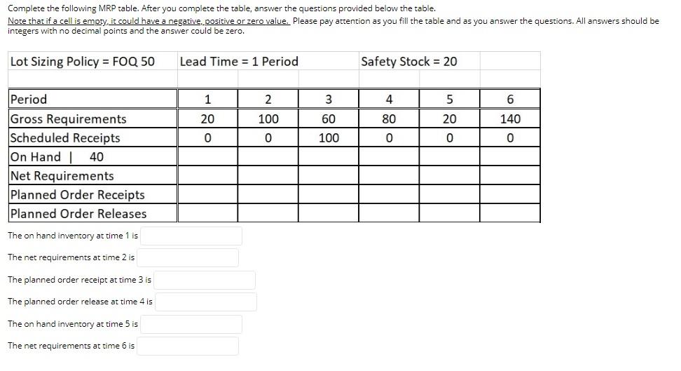 Complete the following MRP table. After you