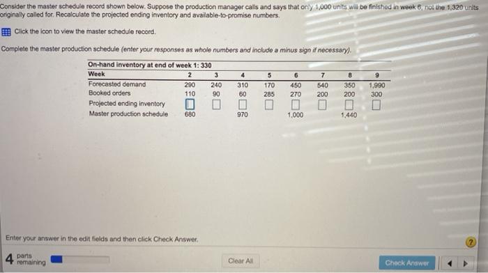 Consider the master schedule record shown below.
