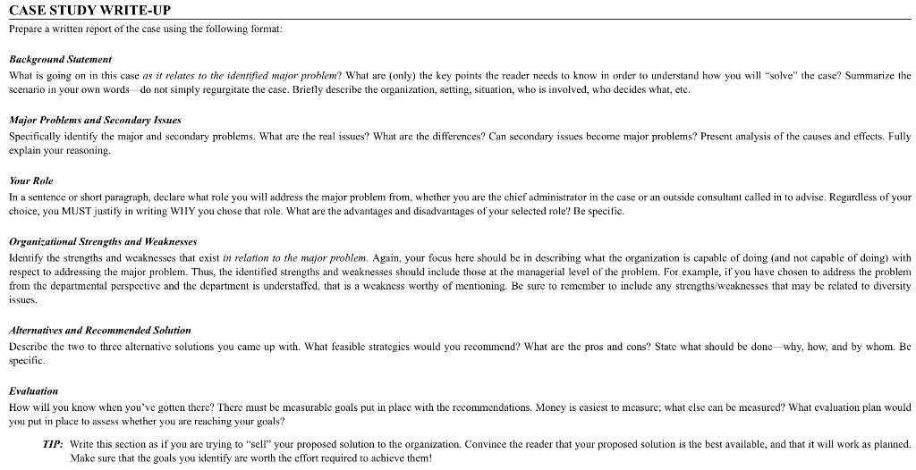 CASE STUDY WRITE-UP Prepare a written report of