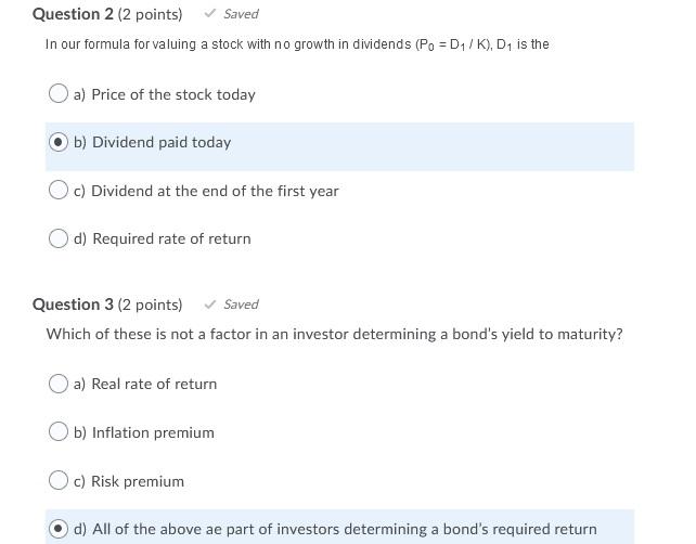 are these correct?/ Question 2 (2 points) Saved