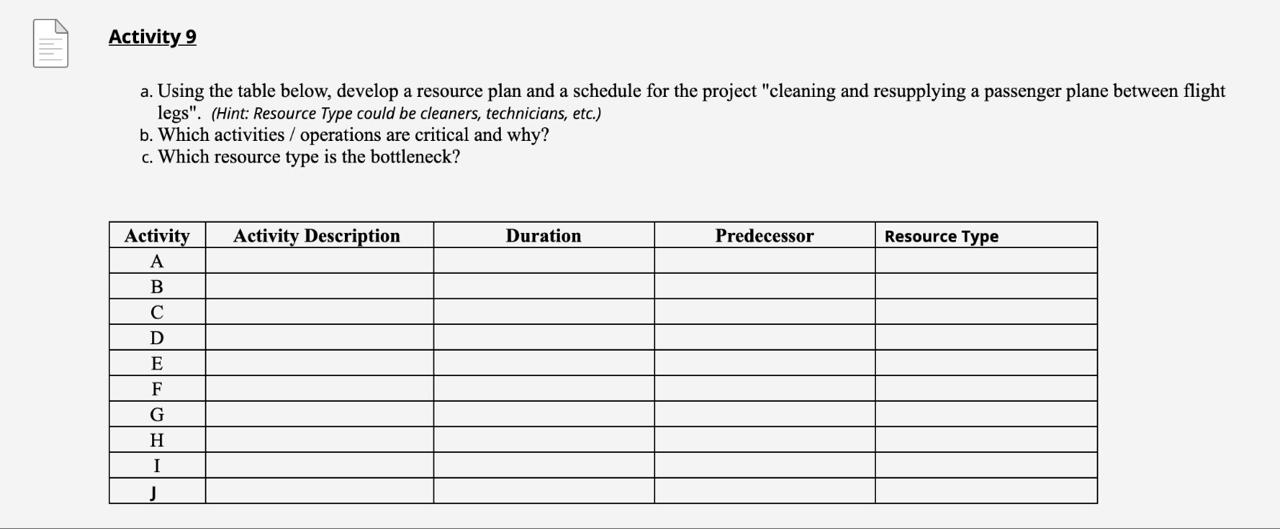 Activity 9 a. Using the table below, develop a